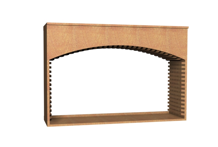 a wooden shelf with a white background and a wooden arch