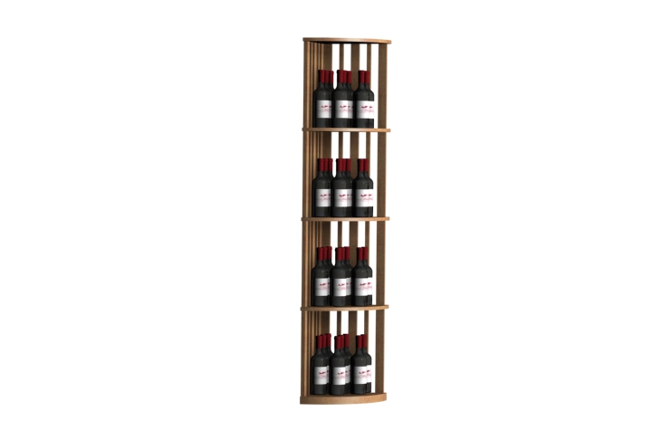 several bottles of wine are lined up on a wooden shelf