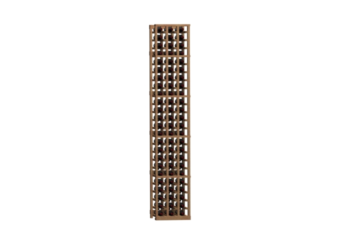 a very tall wooden wine rack with a white background