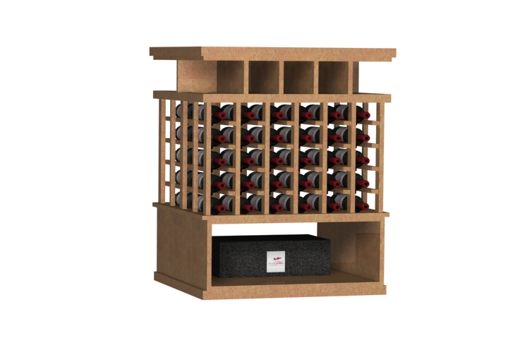 a wooden wine rack with bottles of wine on it