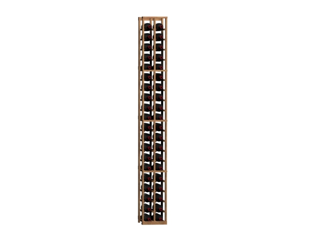 a wooden wine rack filled with bottles of wine on a white background .