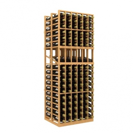 a wooden wine rack filled with bottles of wine on a white background .