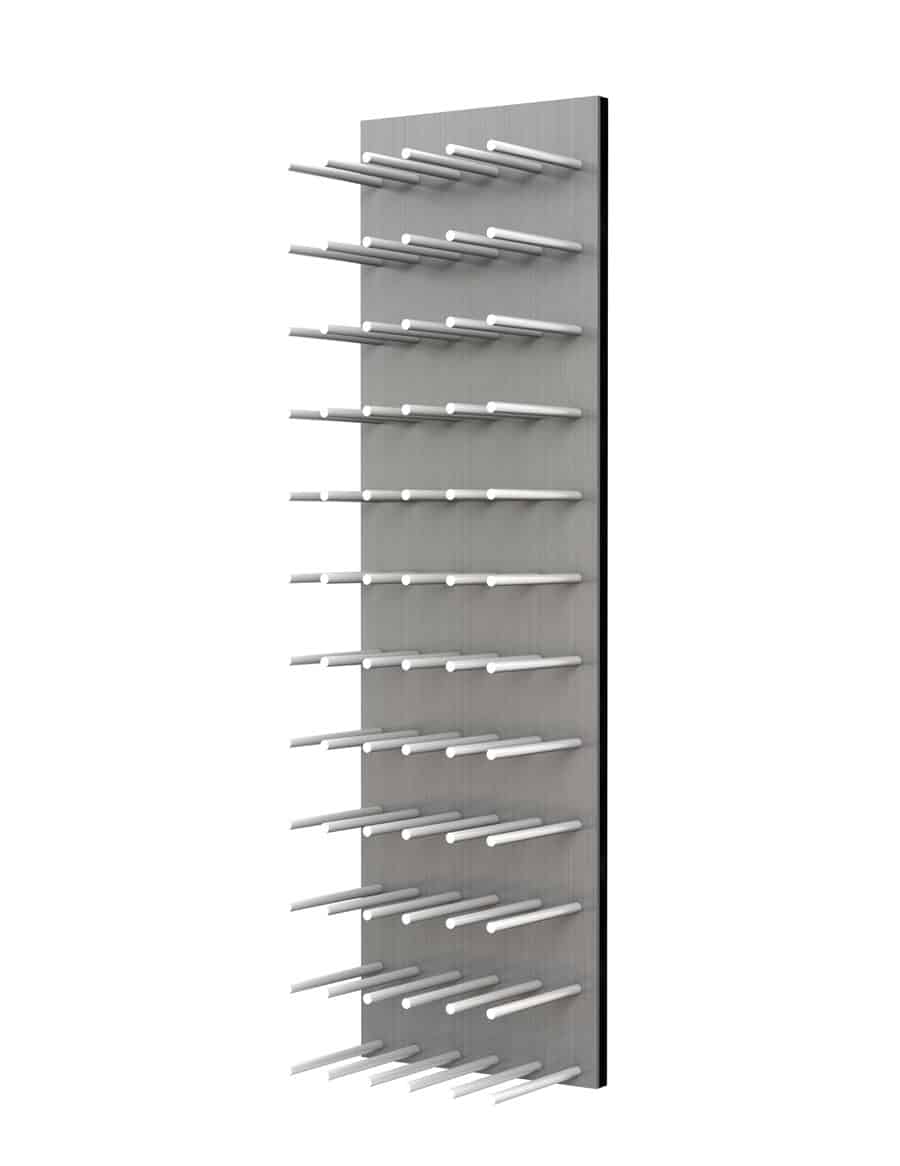 a stainless steel wine rack with lots of shelves