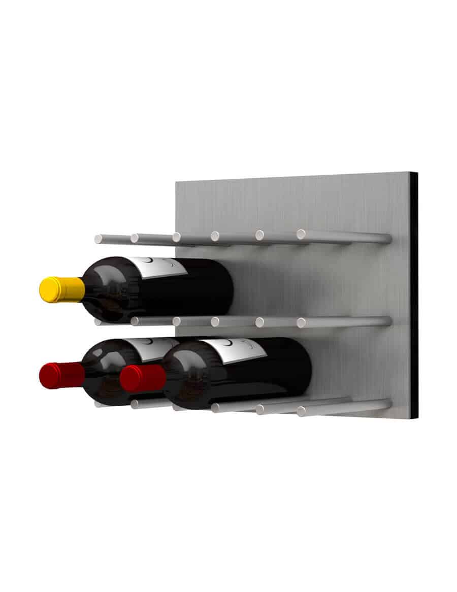 four bottles of wine are displayed in a stainless steel wine rack