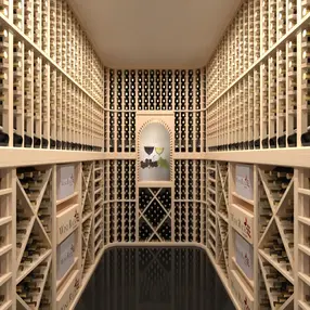 Vintner Series wine rack in a large wine cellar, featuring a mix of wine bottles and storage boxes