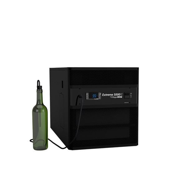 a black extreme 5000 wine cooler with a bottle next to it