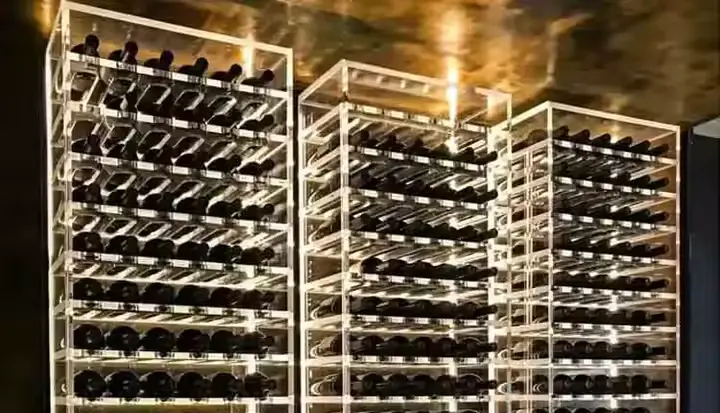 Luxury custom wine cellar crafted with premium redwood and espresso stain, filled with wine bottles