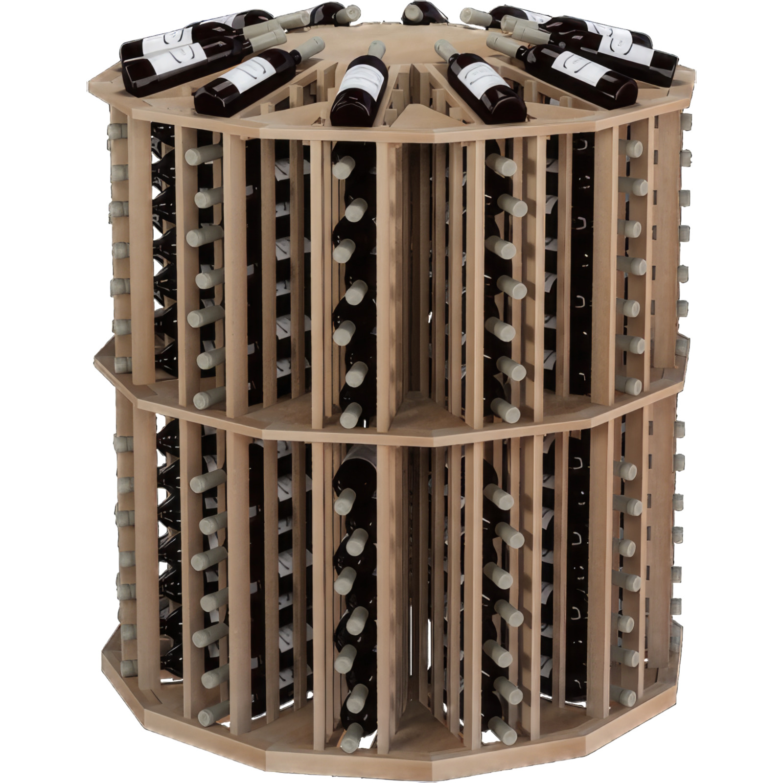 a wooden wine rack filled with many bottles of wine