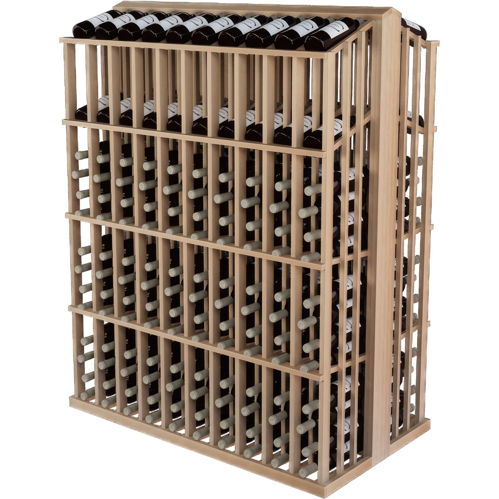 a wooden wine rack filled with bottles of wine on a white background .