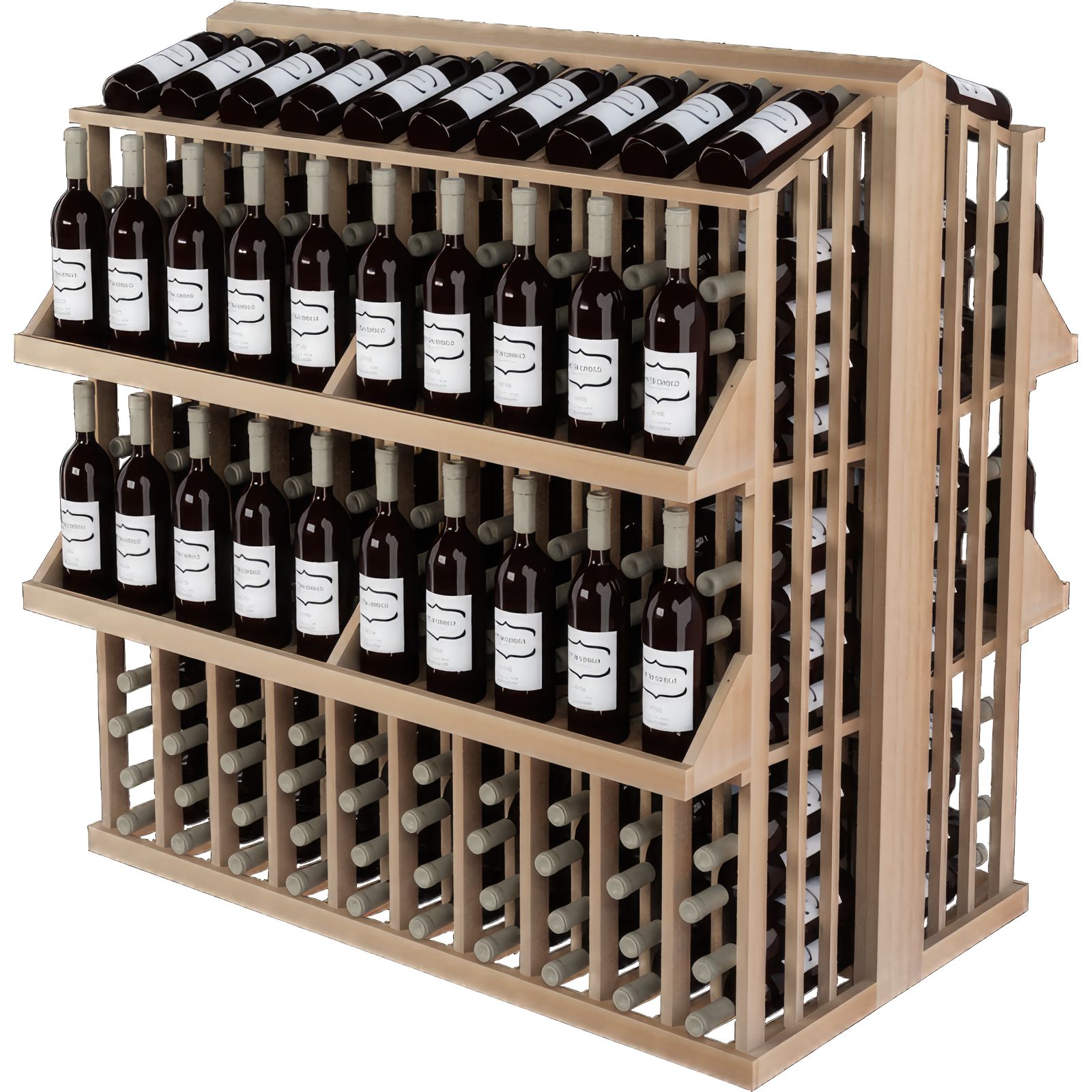 a wooden wine rack filled with many bottles of wine