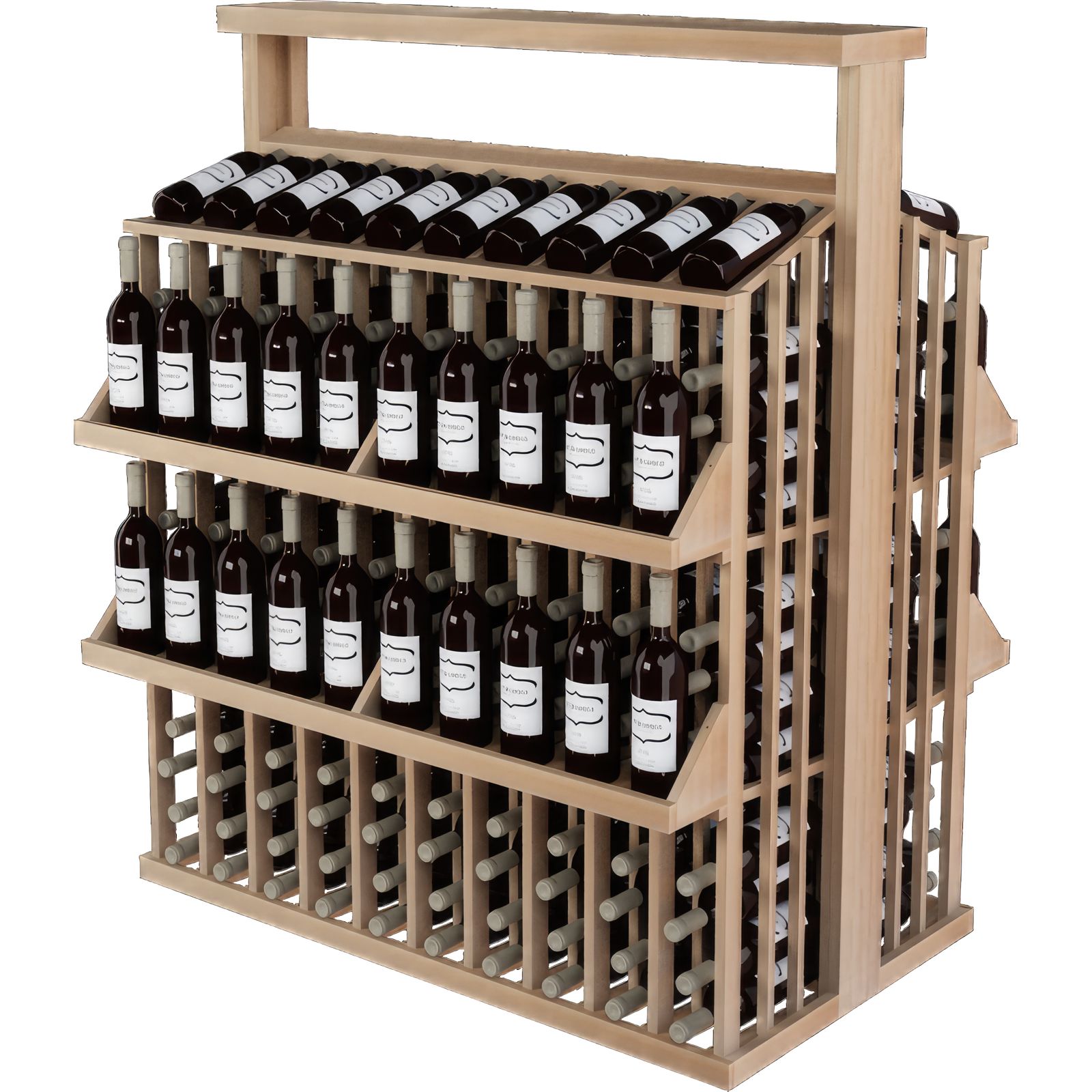 a wooden wine rack filled with bottles of wine