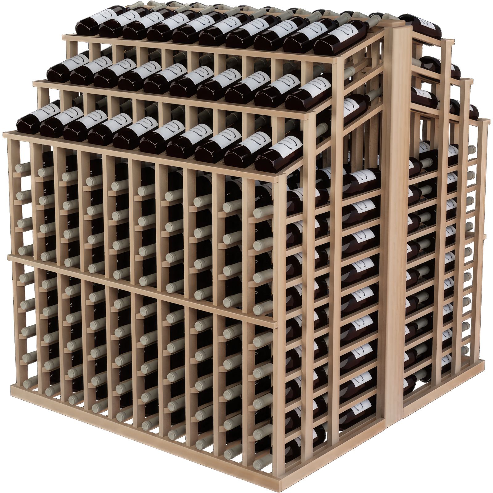a wooden wine rack filled with lots of bottles of wine .