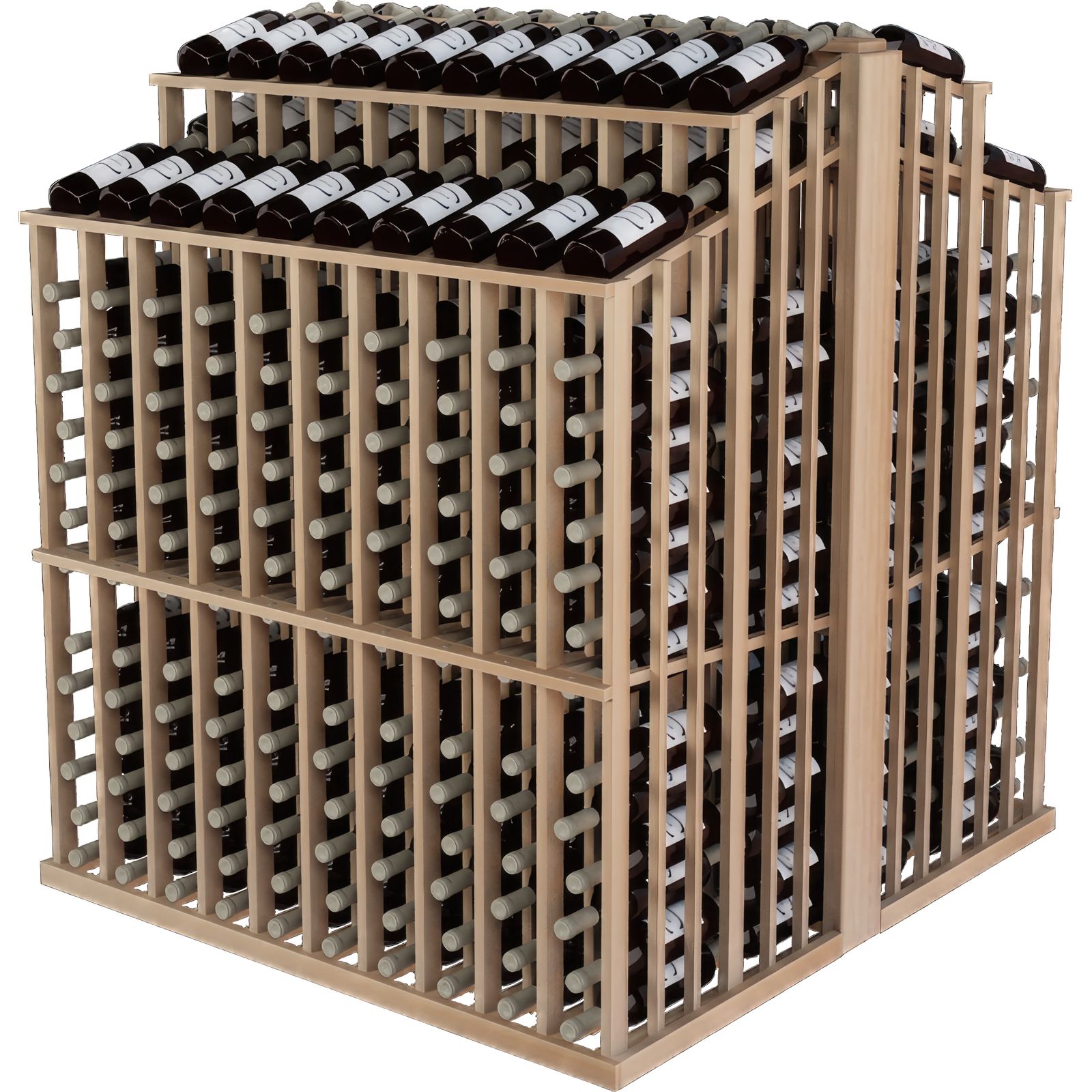 a wooden wine rack filled with lots of bottles of wine