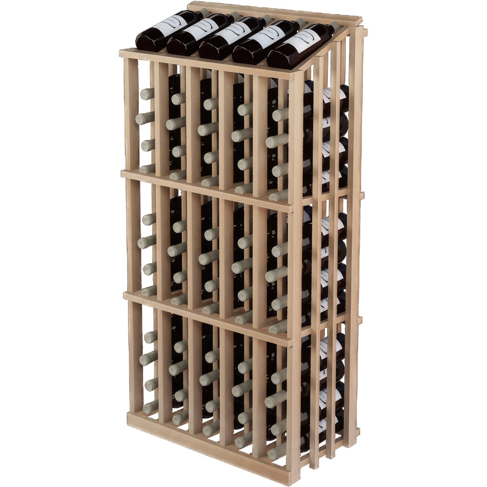 a wooden wine rack filled with bottles of wine