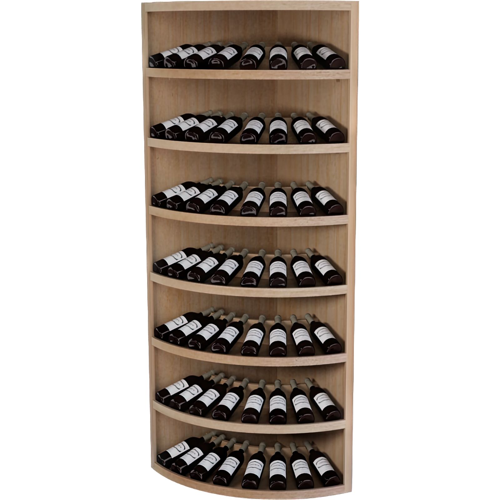 a wooden shelf filled with wine bottles on a white background