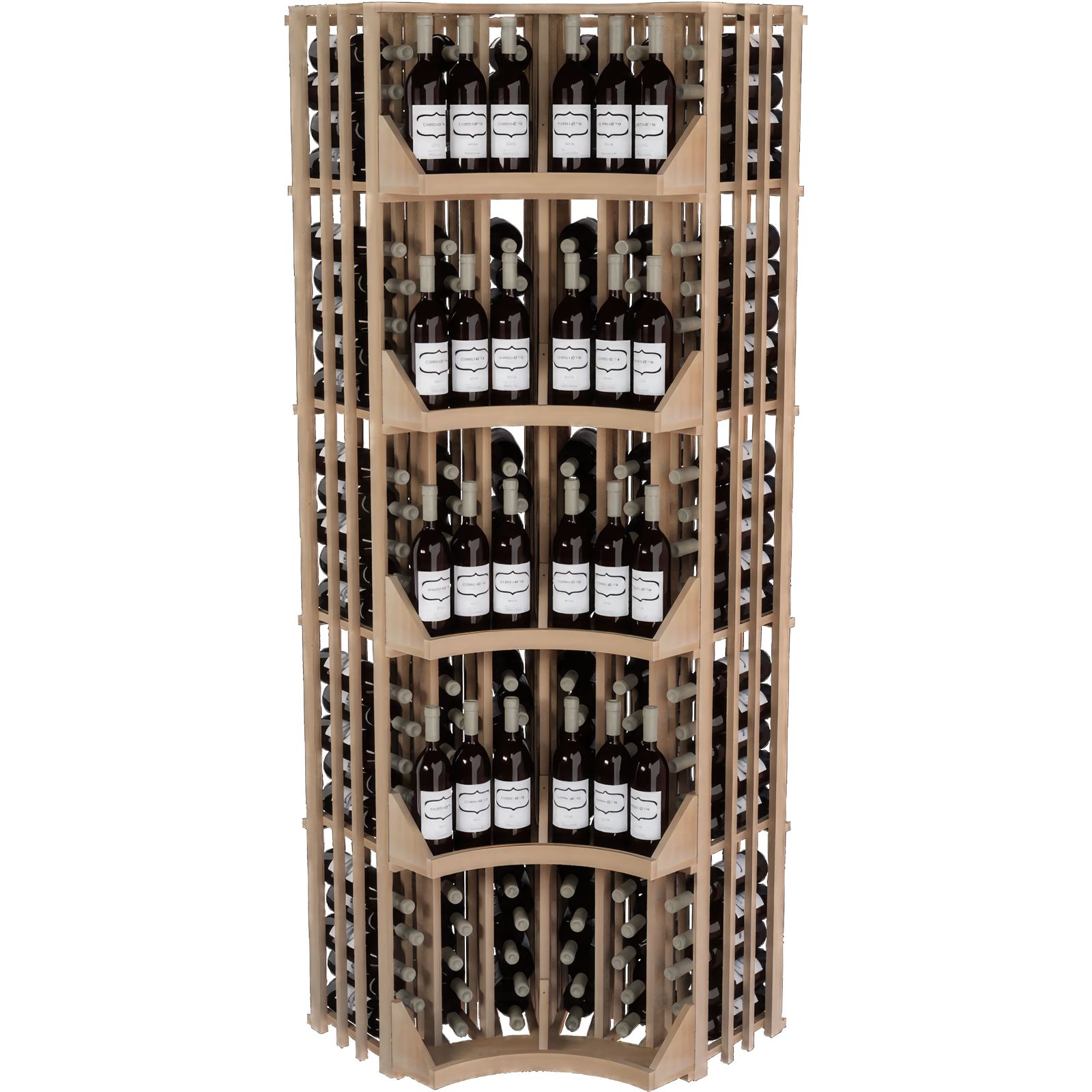 a wooden wine rack filled with bottles of wine