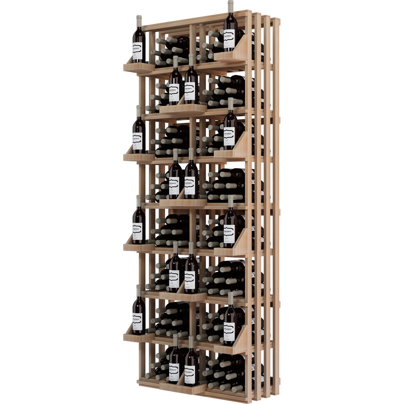 a wooden wine rack filled with bottles of wine on a white background .