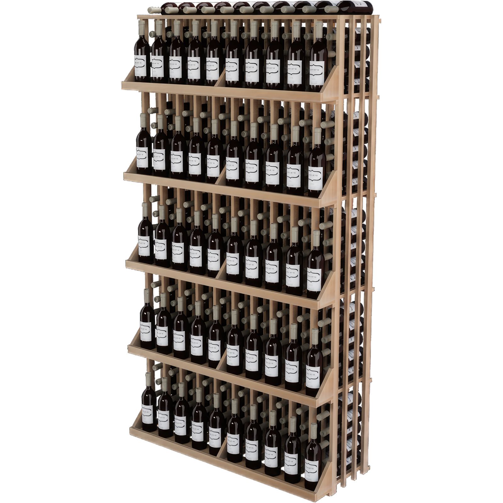 a wooden wine rack filled with many bottles of wine