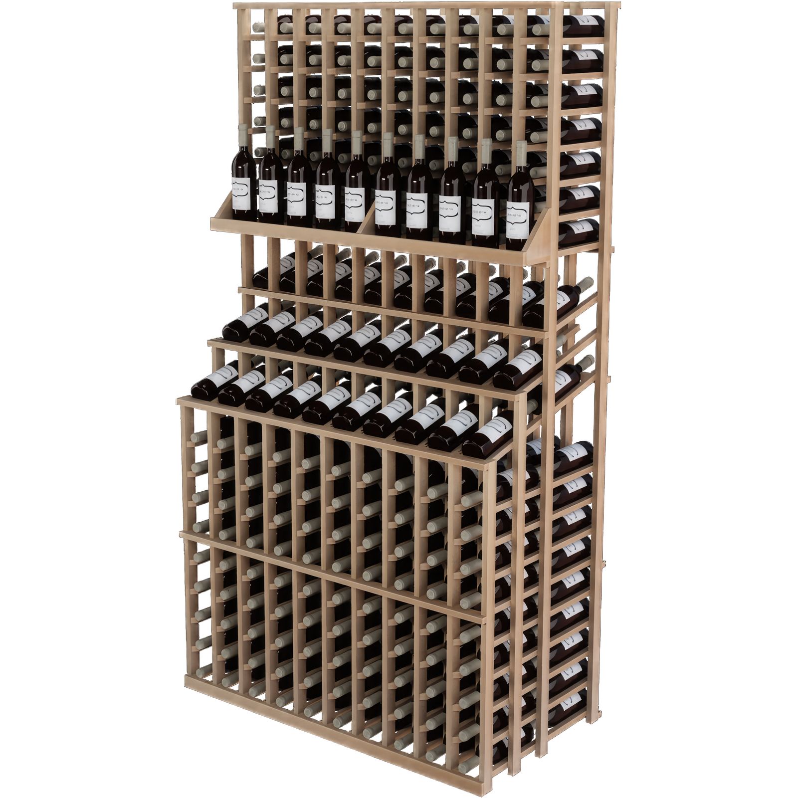 a wooden wine rack filled with many bottles of wine