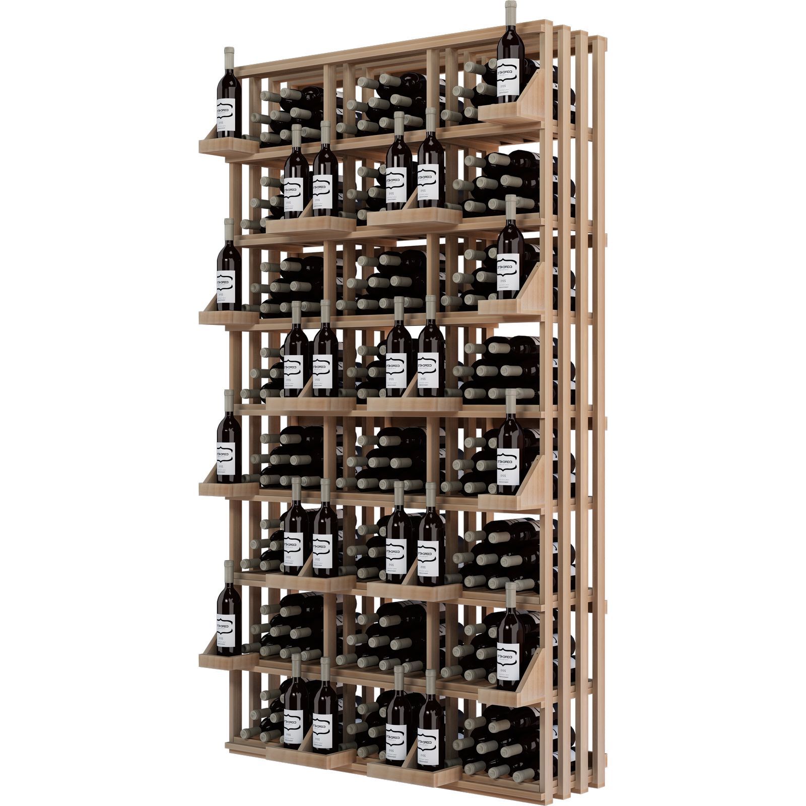 a wooden wine rack filled with lots of bottles of wine .